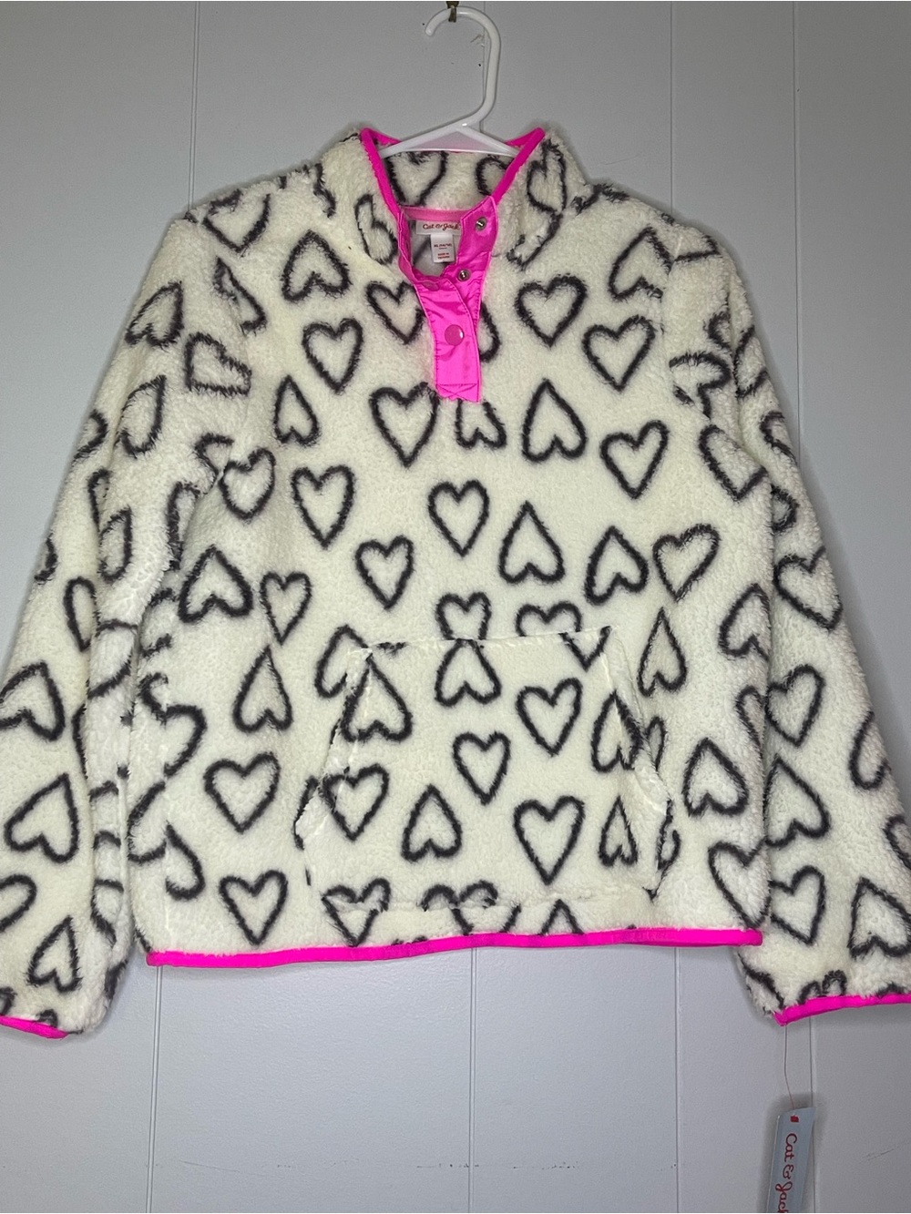 Cat & Jack White Plush Pullover with Hot Pink Trim